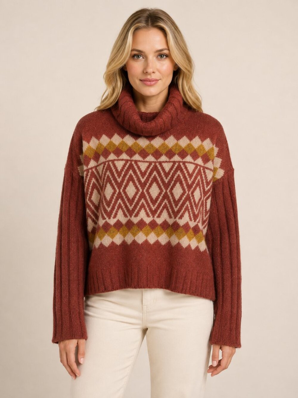 SO Rust & Cream Fair Isle Geometric Cowl Neck Sweater Medium Cozy Autumn Fall